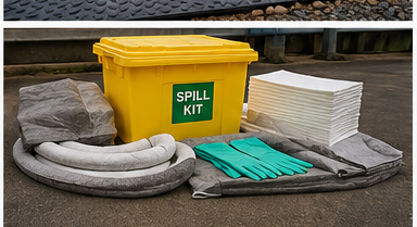 Emergency spill kit with absorbents and PPE