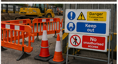 Site safety signage, barriers and traffic cones