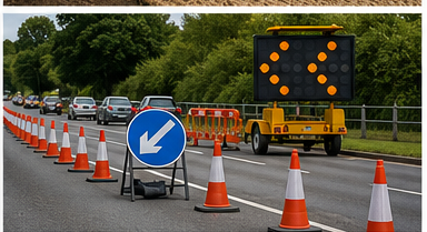 Road traffic-management with cones and an arrow board