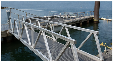 Aluminium access gangway and brow onto a floating pontoon