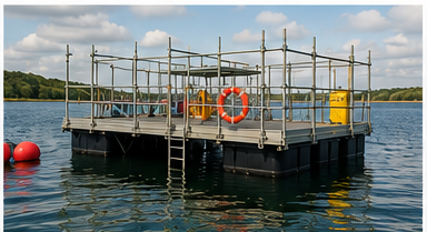 Floating work platform with guardrails and safety equipment