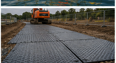 Temporary ground-protection trackway with a tracked excavator
