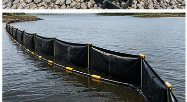 Silt curtain and turbidity barrier deployed on water
