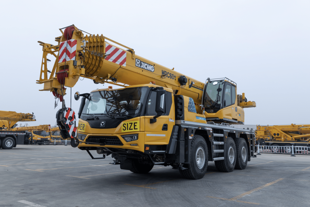 Mobile crane set up on outrigger pads for a heavy lift