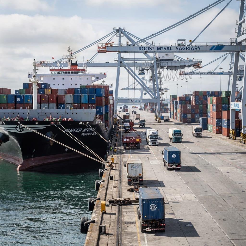 Wide view of a working quayside with vessels and cargo handling